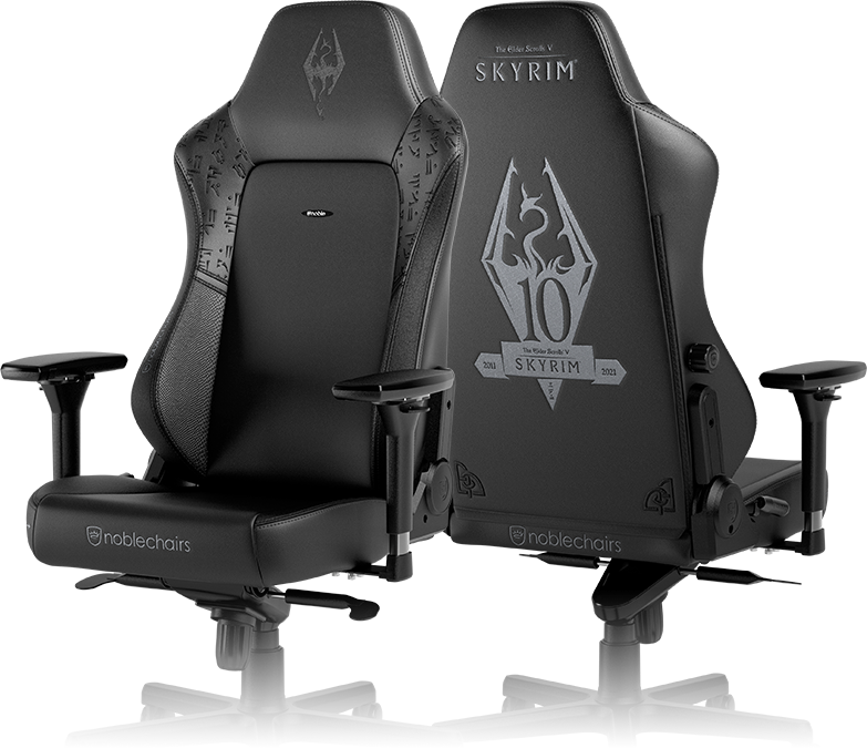 Front and back view of Noblechairs HERO gaming chair – The Elder Scrolls V: Skyrim 10th Anniversary Edition with embossed Skyrim logo